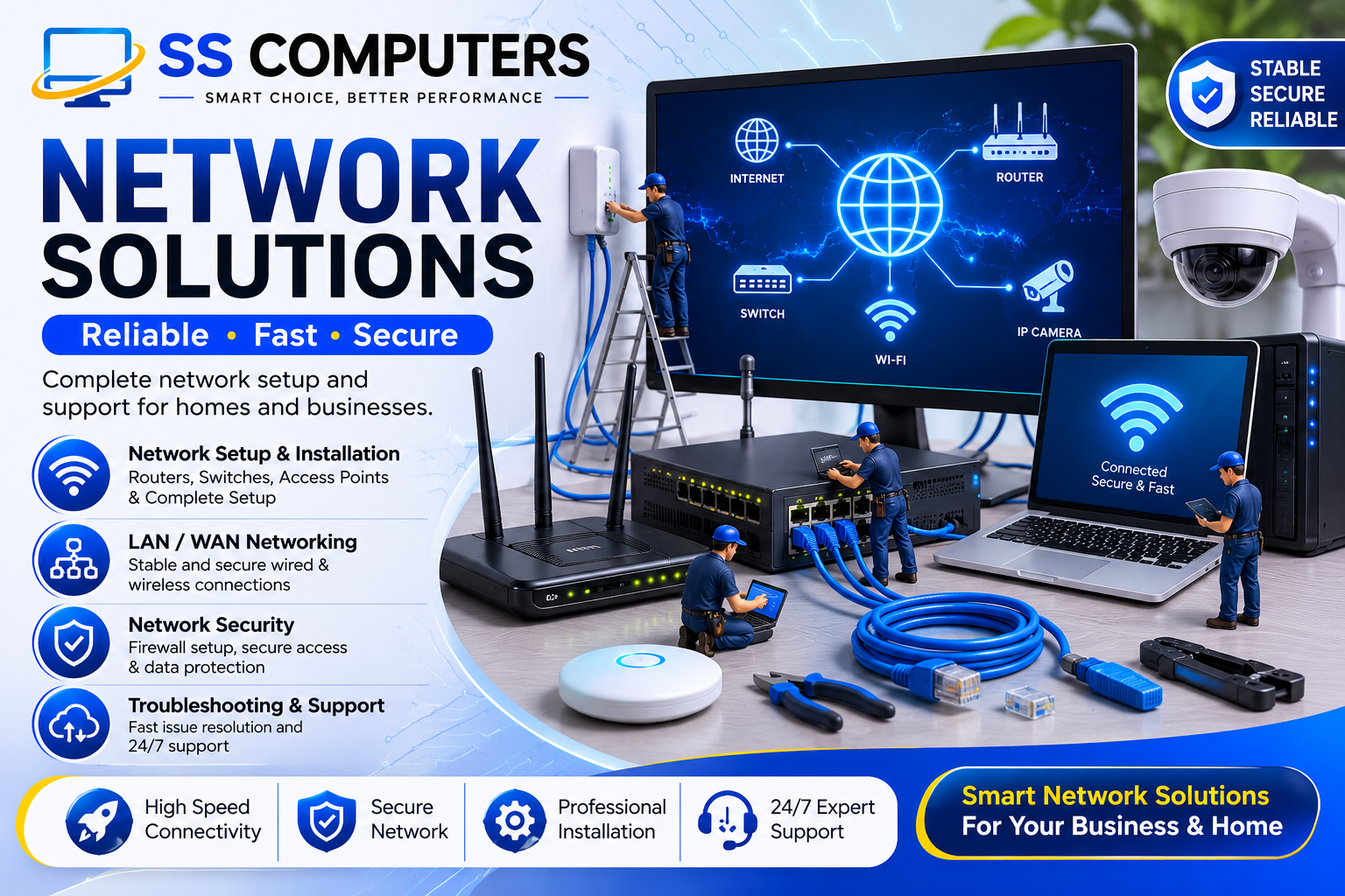 Enterprise network solutions by SS Computers featuring network design, network security, wireless networking, data storage, network maintenance, routers, switches, CCTV integration, and business connectivity services.