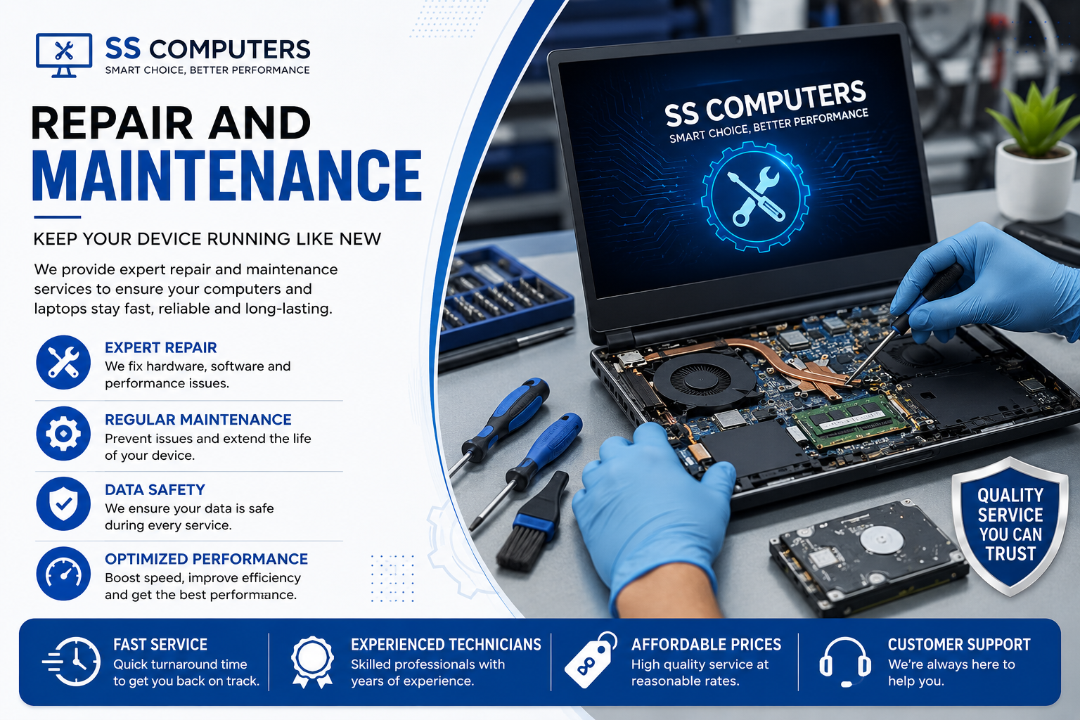 Professional computer and laptop repair and maintenance service by SS Computers, featuring expert technicians repairing laptop hardware, data safety, performance optimization, and reliable maintenance solutions.