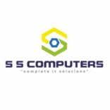 SS Computers complete IT solutions logo featuring a modern hexagon wrench icon in blue, green and yellow with bold futuristic typography on white background