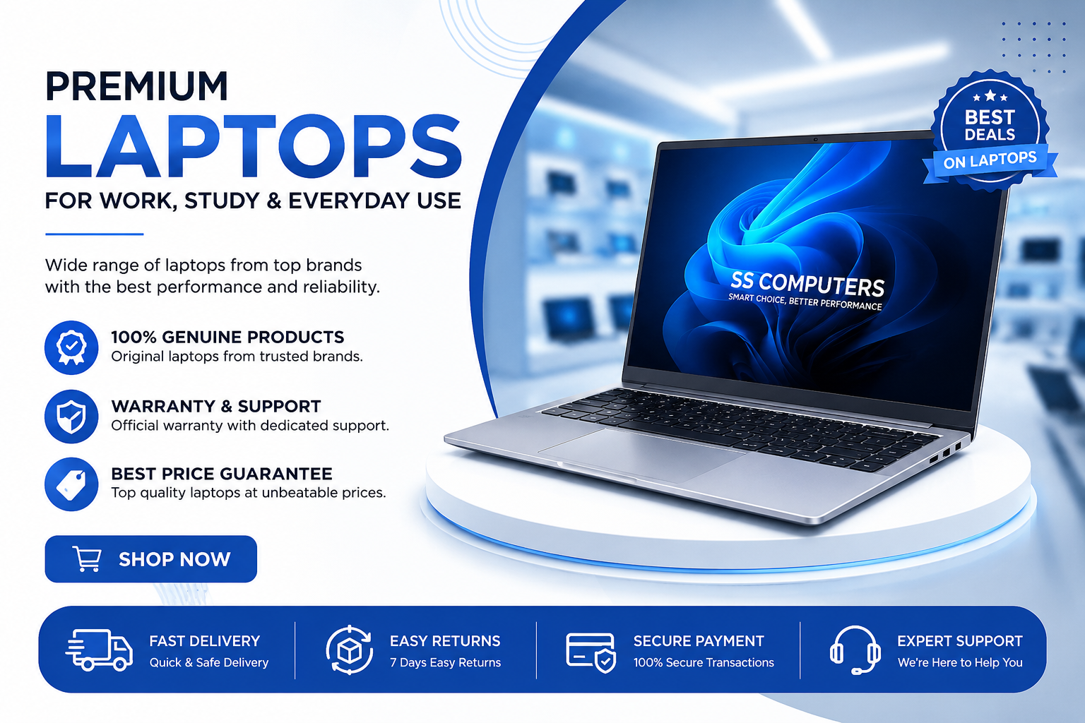 Premium laptops for work, study, and everyday use from SS Computers, featuring genuine products, warranty support, best price guarantee, fast delivery, secure payment, and expert customer support.