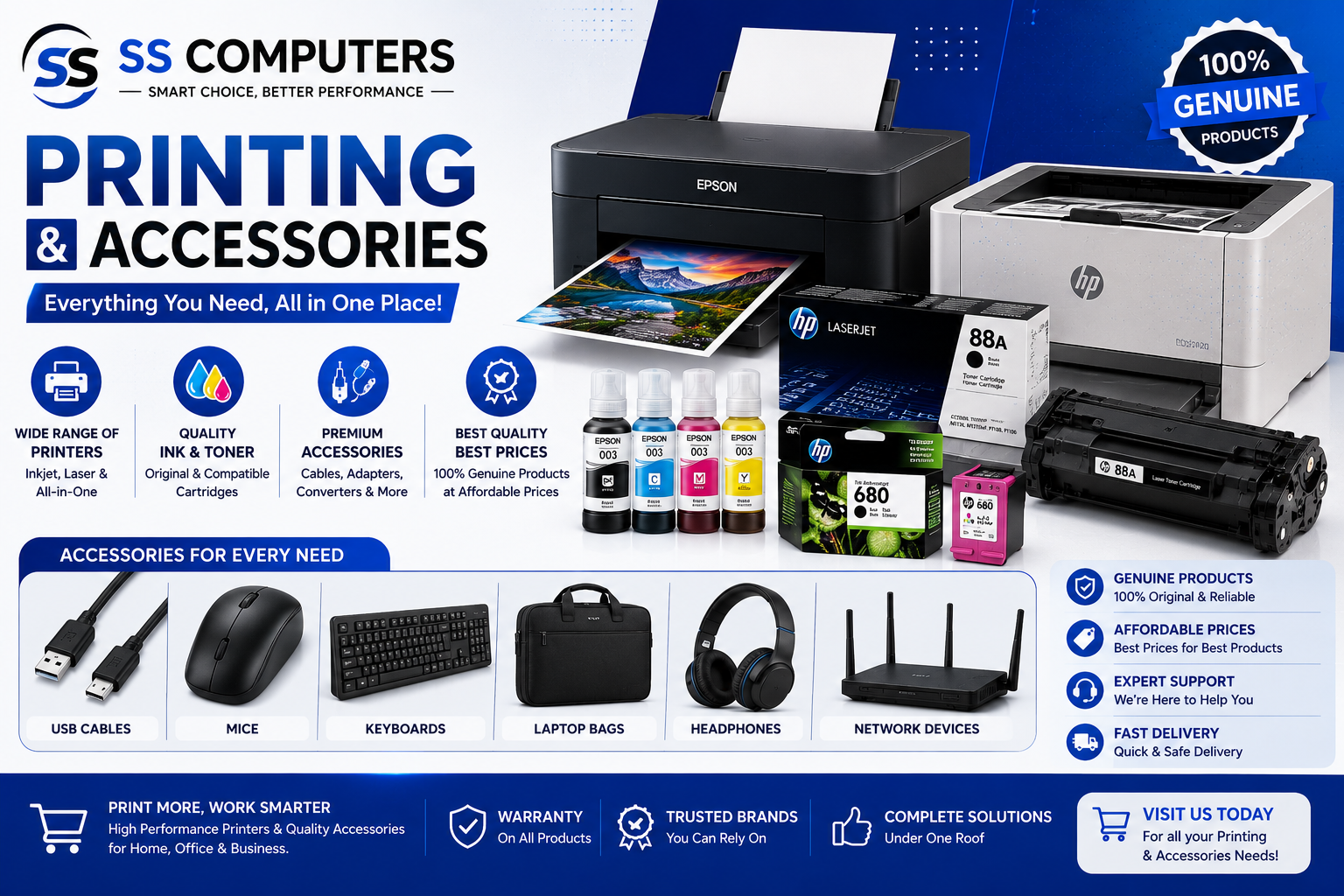 Printing and accessories solutions by SS Computers featuring Epson and HP printers, ink cartridges, toner cartridges, printer accessories, USB cables, keyboards, mice, headphones, laptop bags, and networking devices.
