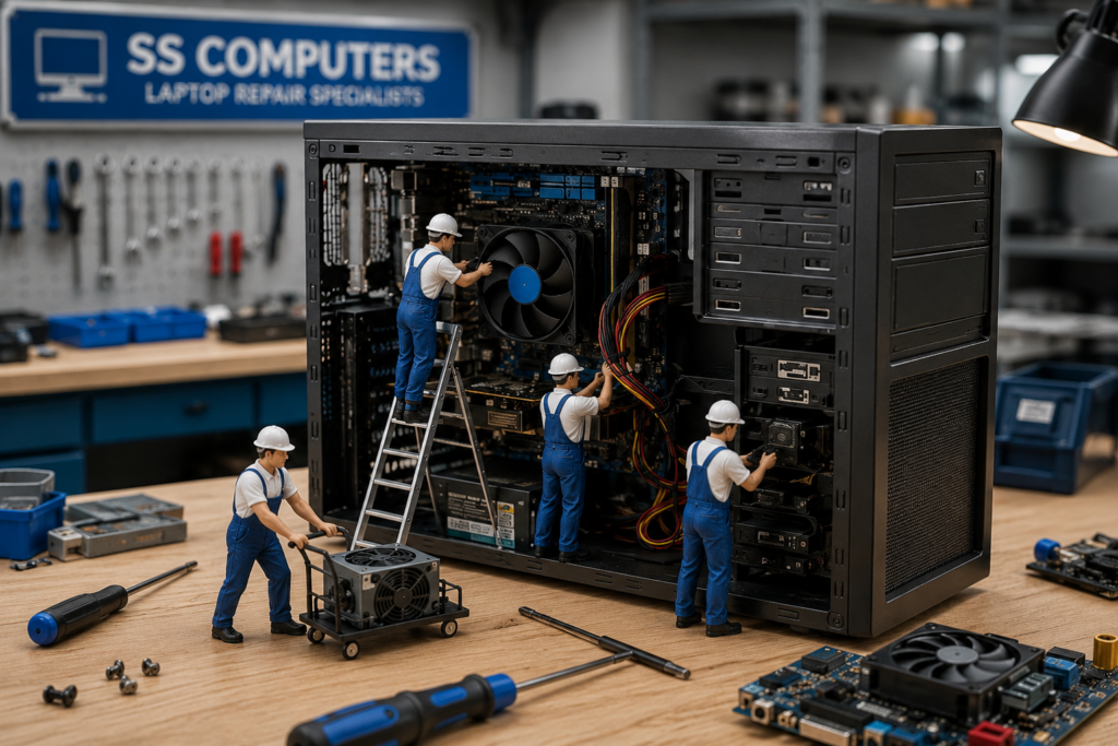 Mini engineers repairing a desktop computer CPU inside a professional SS Computers repair workshop setup.